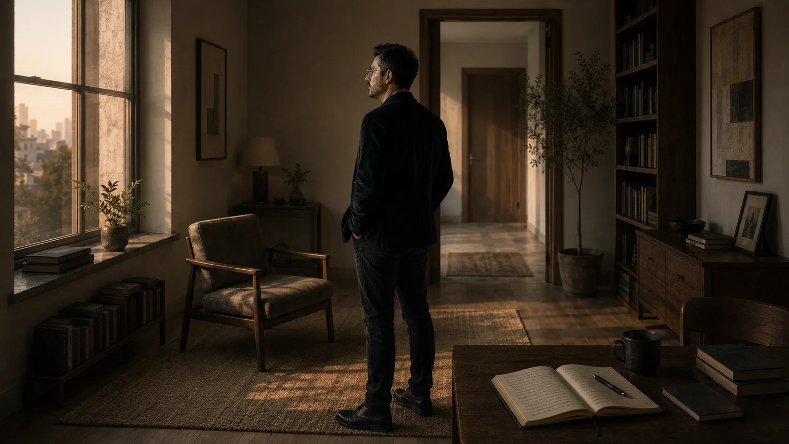 A solitary figure stands in a quiet, warm interior with books, a notebook, an open doorway, and an available chair, suggesting love transformed from intensity into safety, steadiness, and a habitable emotional presence.