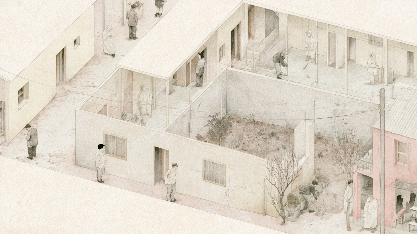 An elevated view of modest connected buildings and courtyards where scattered figures stand, walk, sweep, and tend a small garden in soft daylight.