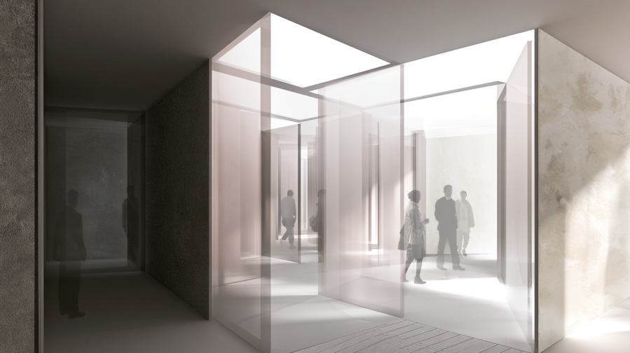 A series of interconnected translucent interiors gradually opening from darker compressed spaces into brighter layered environments where figures move quietly through evolving architectural rhythms.