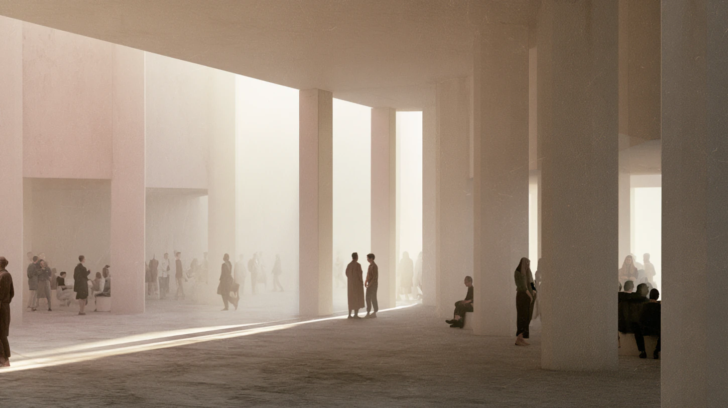 A softly illuminated communal interior where everyday participation continues naturally throughout a large open environment while two figures remain engaged in a calm but serious moment of direct confrontation near the center of the space. Warm daylight moves across pale architectural surfaces, long shadows, and muted gathering areas as surrounding people continue walking, sitting, and conversing quietly. The atmosphere feels emotionally grounded, contemplative, and quietly tense rather than hostile or dramatic, emphasizing accountability, interruption, honesty, and care within a shared environment. Muted cream, faded rose, pale gray, warm beige, and soft stone palette. Matte textures, atmospheric softness, subtle grain, restrained editorial realism, minimal composition.