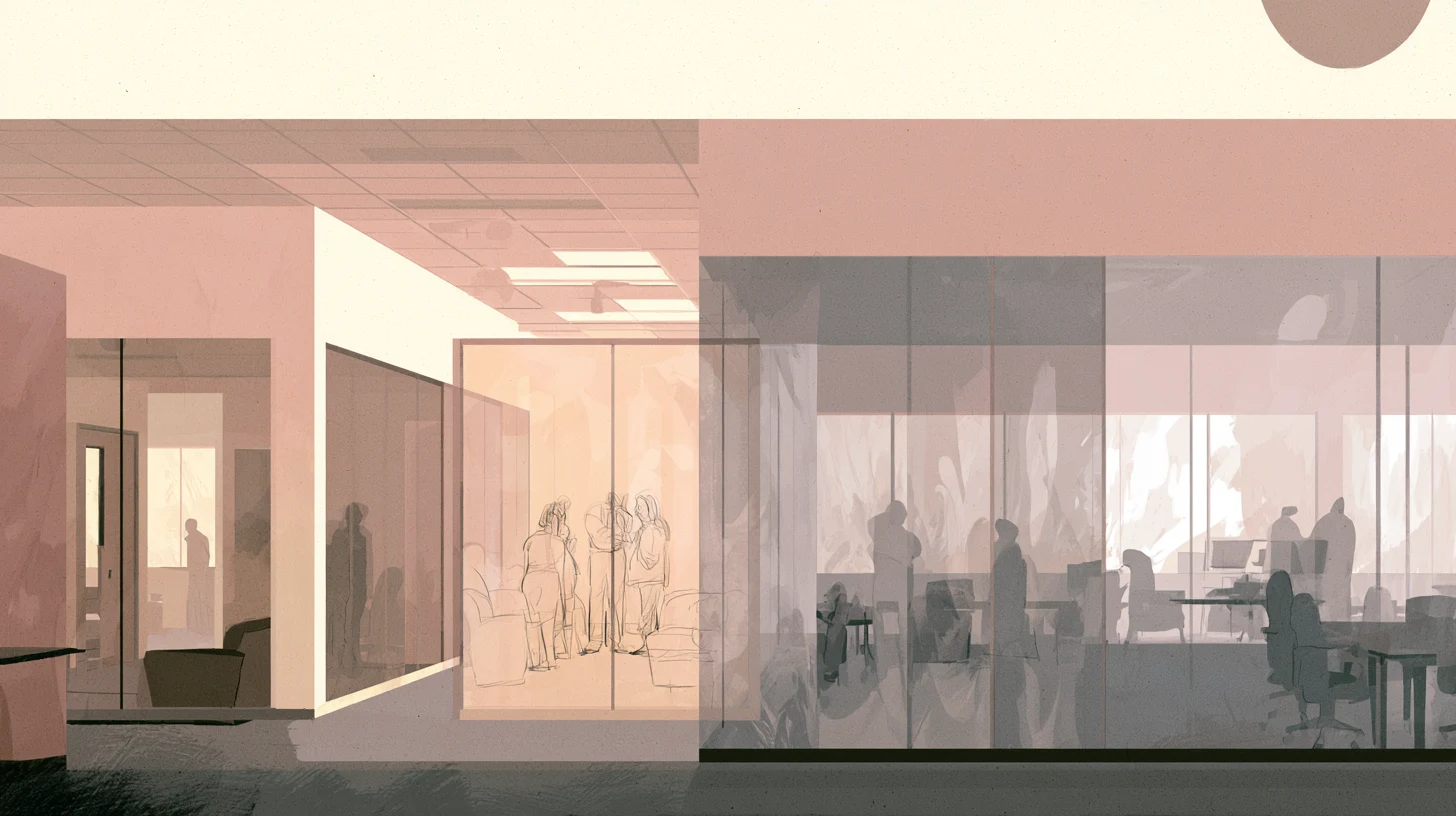 A muted communal interior with glass partitions, distant sketched figures, open work areas, and soft daylight separating shadowed rooms from brighter shared space.