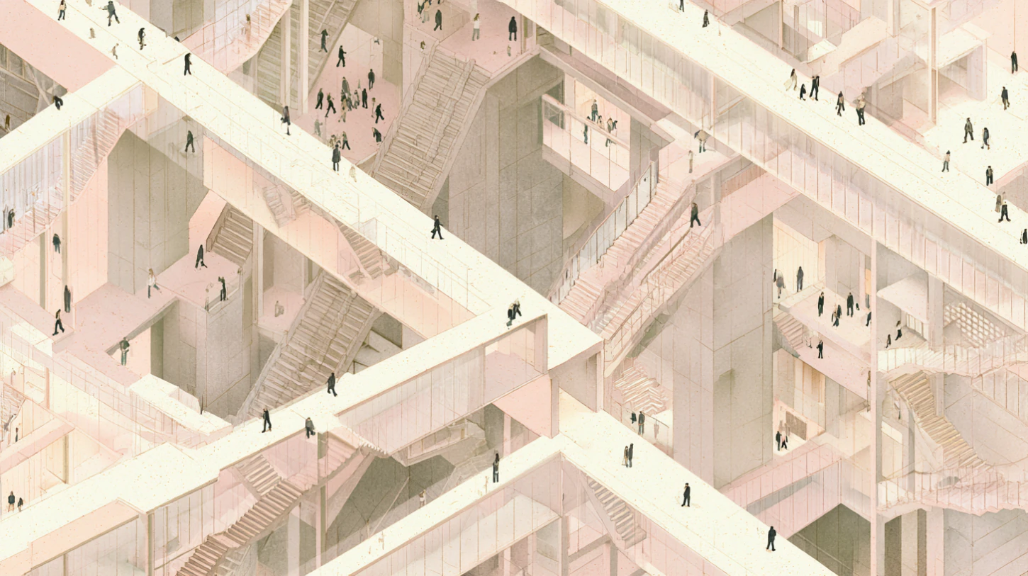 A vast interconnected architectural complex of stairwells, suspended corridors, and layered passageways filled with small figures gradually moving in diverging directions, symbolizing subtle unconscious drift away from alignment through repeated small deviations over time.