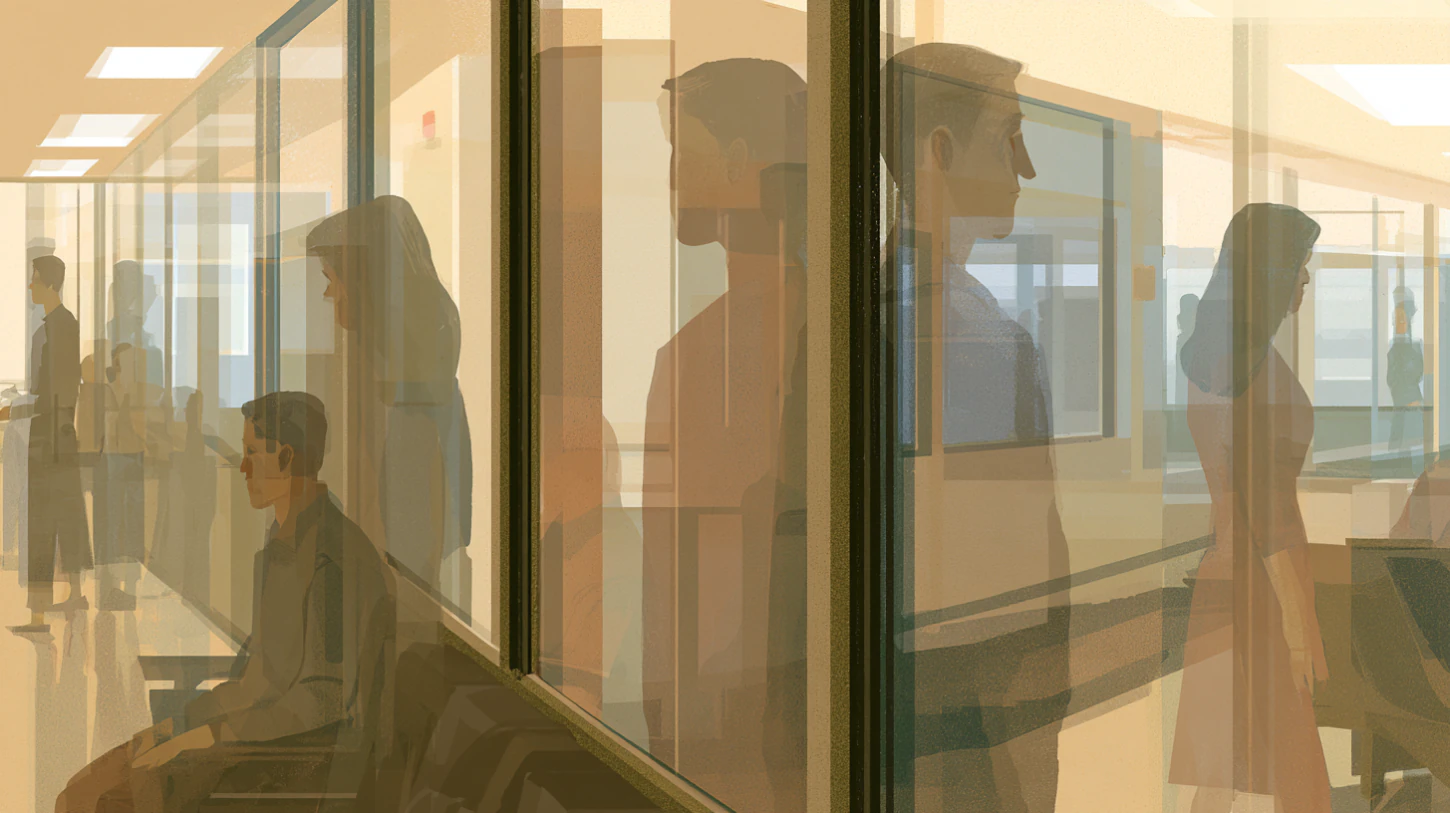 Figures seen through layered glass partitions in a softly lit institutional hallway, their reflections overlapping and obscuring one another in a quiet atmosphere of uncertainty and observation.