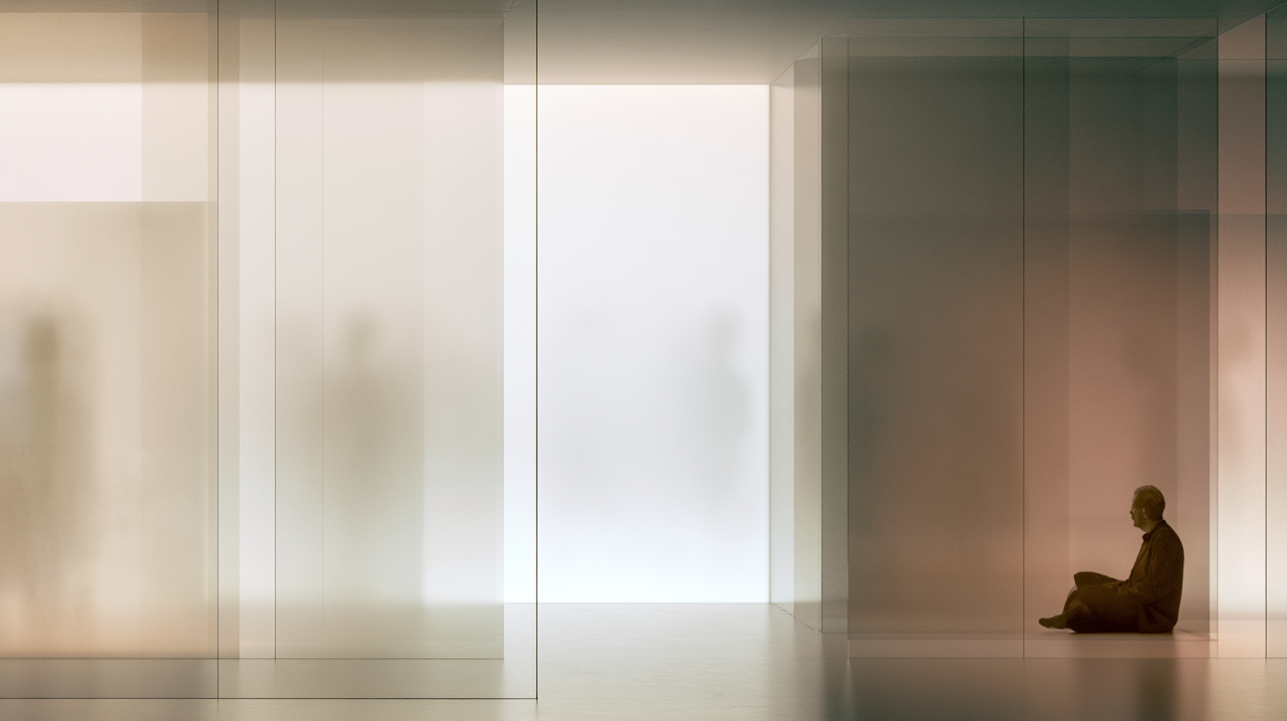 solitary seated figure inside a quiet translucent interior with layered glass partitions and diffused blurred silhouettes beyond, muted cream pale gray and faded rose palette, restrained philosophical recovery atmosphere, symbolic tension between emotional perception and objective reality, soft grain, matte textures, editorial psychological minimalism