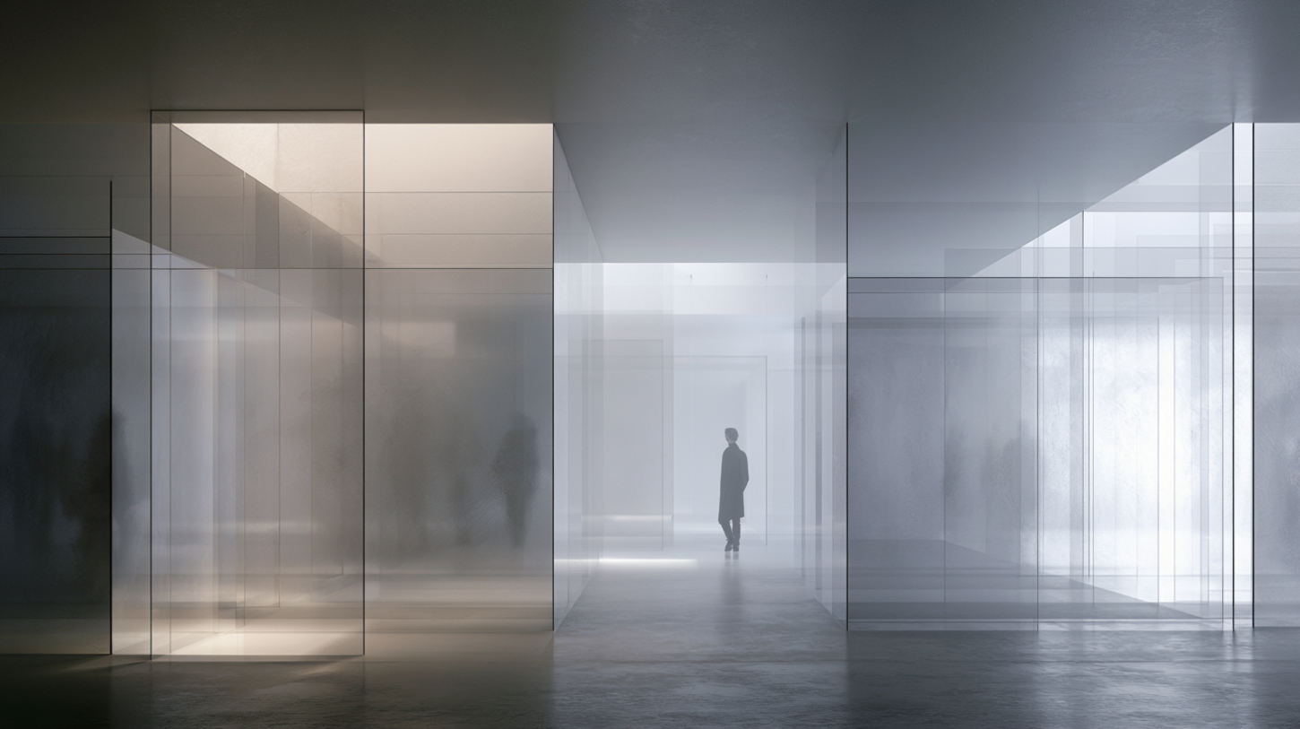 A solitary figure moving through layered translucent architectural interiors where shifting light, shadow, and semi-visible partitions create a gradual movement from distortion toward clarity and honest perception.