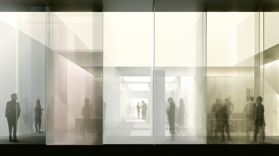 Translucent layered interiors with emotionally distant figures partially obscured behind glass partitions, reflecting the separation between outward presentation and internal reality.