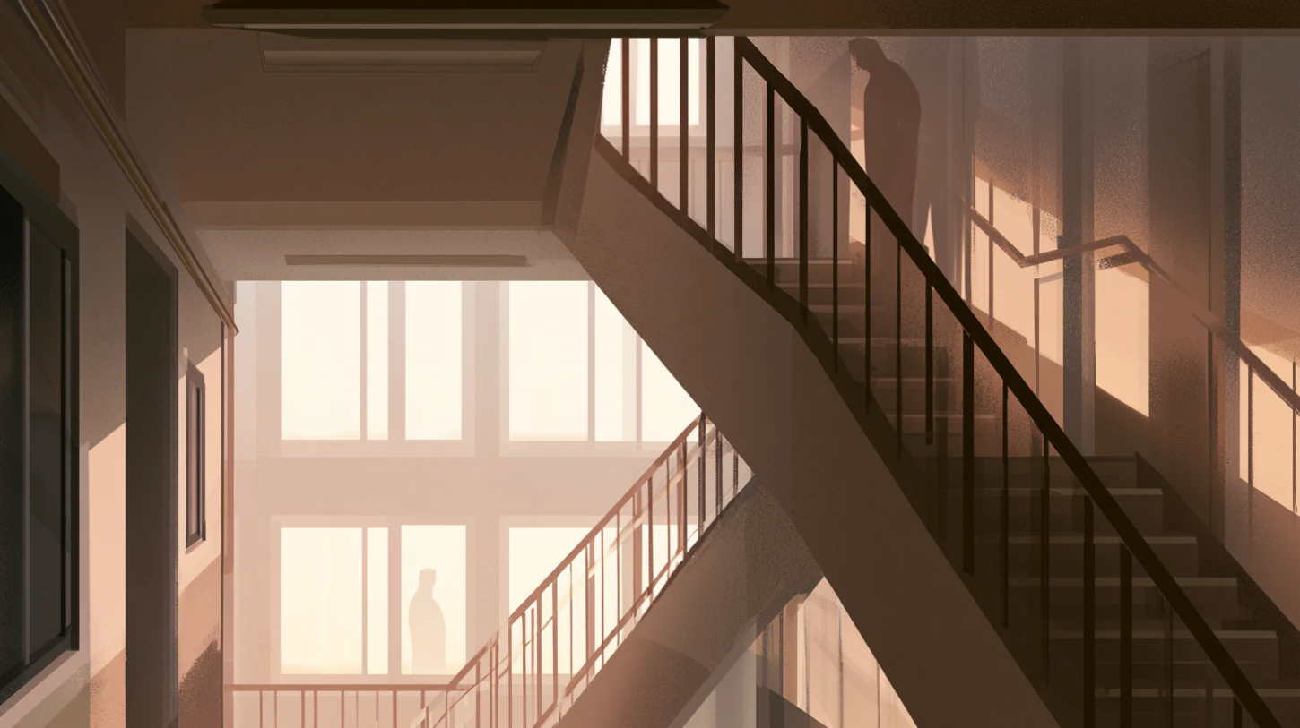 Quiet apartment stairwell at dawn with soft window light and a subtle human figure moving through repeated architectural structure in calm routine.