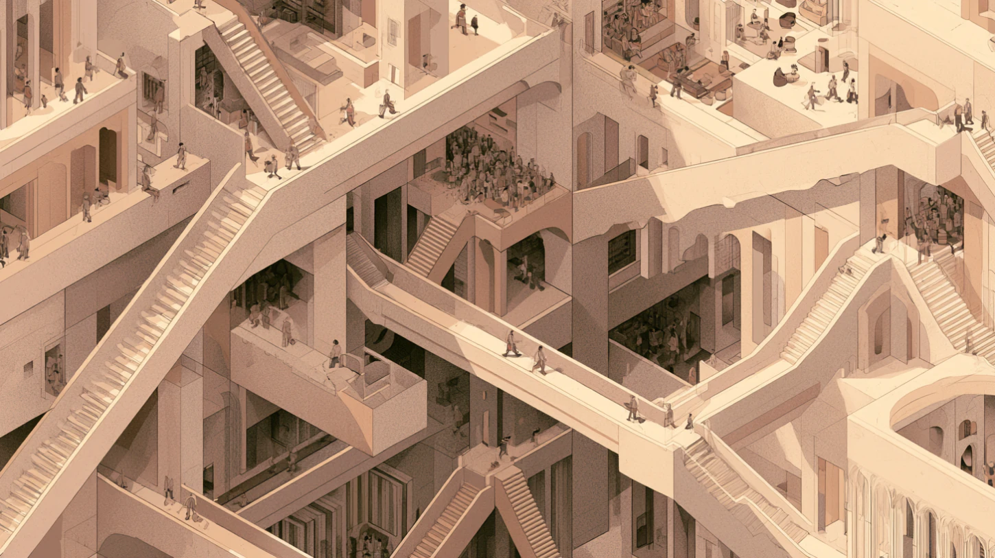 An interconnected architectural structure filled with layered stairways, bridges, corridors, and communal spaces where people move continuously through overlapping environments, emphasizing cumulative consequence, participation, and the structural nature of trade-offs over time.