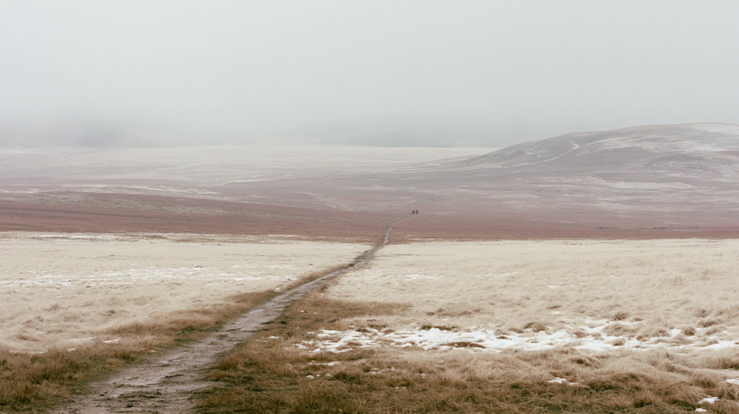 A quiet philosophical landscape showing a single worn footpath continuing gradually through pale open terrain beneath soft overcast light. The narrow trail moves steadily across faded grasslands, patches of frost, muted earth, and distant rolling hills, suggesting gradual movement through ordinary time rather than dramatic transformation. Tiny distant human figures walk calmly along the path, emphasizing steady participation, patience, and the quiet accumulation of change through daily movement. Washed cream, faded rose, pale olive, soft gray, and desaturated earth palette. Matte textures, subtle grain, restrained editorial realism, contemplative atmosphere, emotionally grounded stillness.