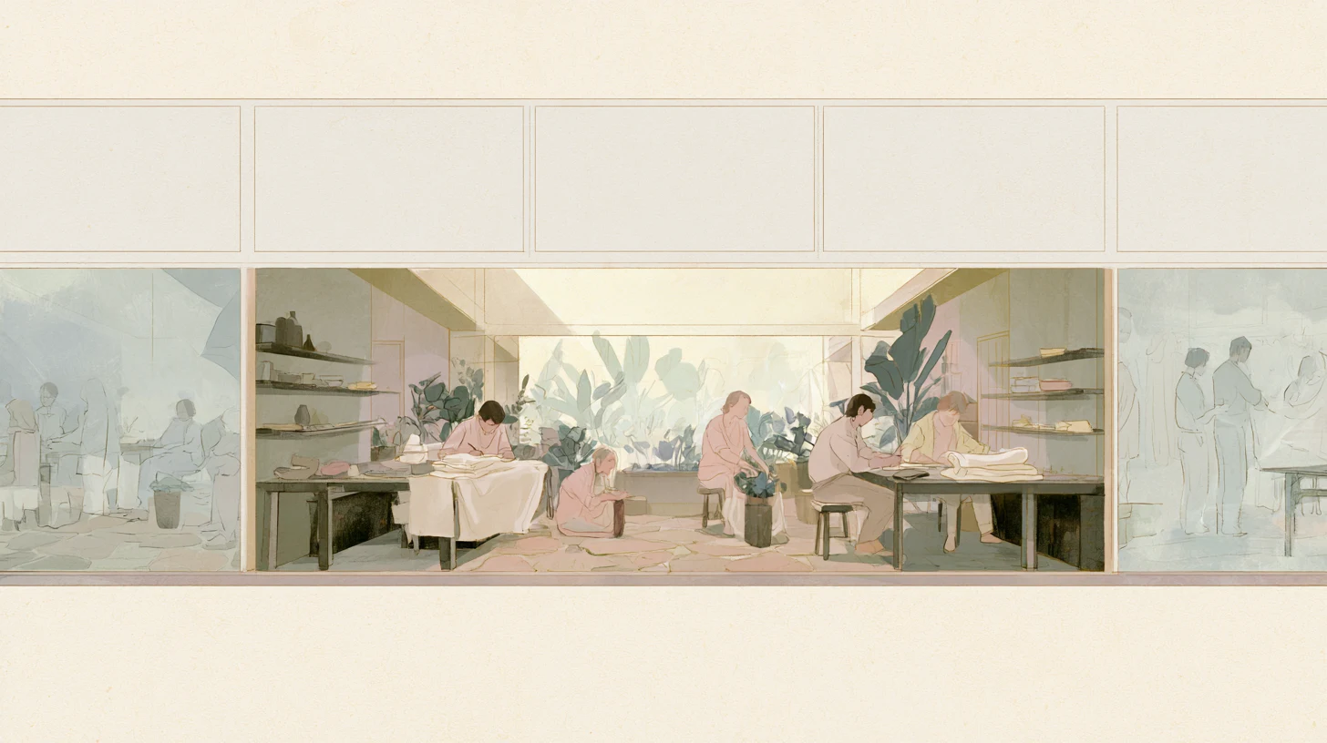 A wide communal recovery interior with softened figures writing, tending plants, and folding linens while pale side rooms fade around them.