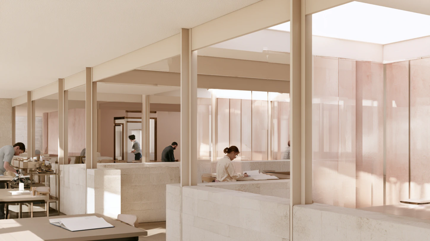 A softly illuminated communal workspace where people engage carefully in ordinary responsibilities throughout a calm architectural interior filled with shared tables, organized materials, and attentive participation. The atmosphere feels disciplined, grounded, and quietly dignified rather than perfectionistic or performative, emphasizing standards practiced through repeated daily actions, consistency, care, and responsibility. Warm daylight moves across pale stone surfaces, translucent partitions, muted interiors, and orderly communal work areas. Muted cream, faded rose, pale beige, soft gray, desaturated earth, and warm stone palette. Matte textures, atmospheric softness, subtle grain, restrained editorial realism, minimal composition, ordinary beauty through consistency and care.