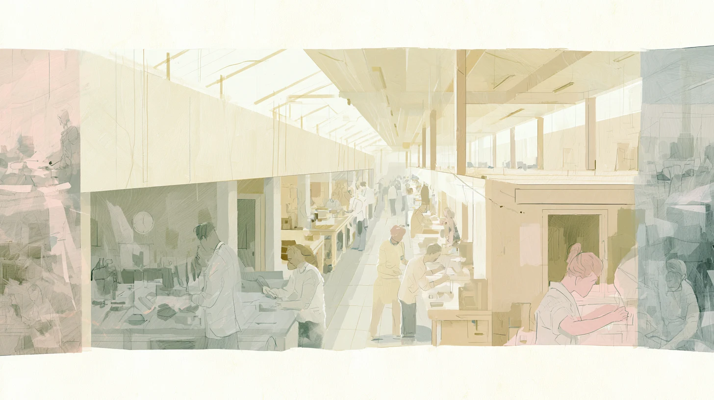 A sunlit communal work hall with lightly sketched figures at tables, layered side rooms, and a clear central passage extending through the space.