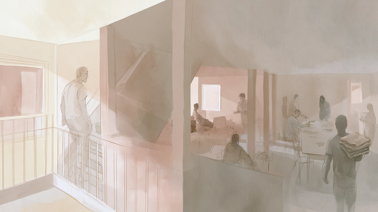 A lightly sketched figure pauses on a stair landing while several people continue quiet activity in adjoining communal rooms.