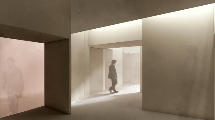 A solitary figure moves through quiet transitional interiors where faint traces of earlier selves remain embedded in the environment.