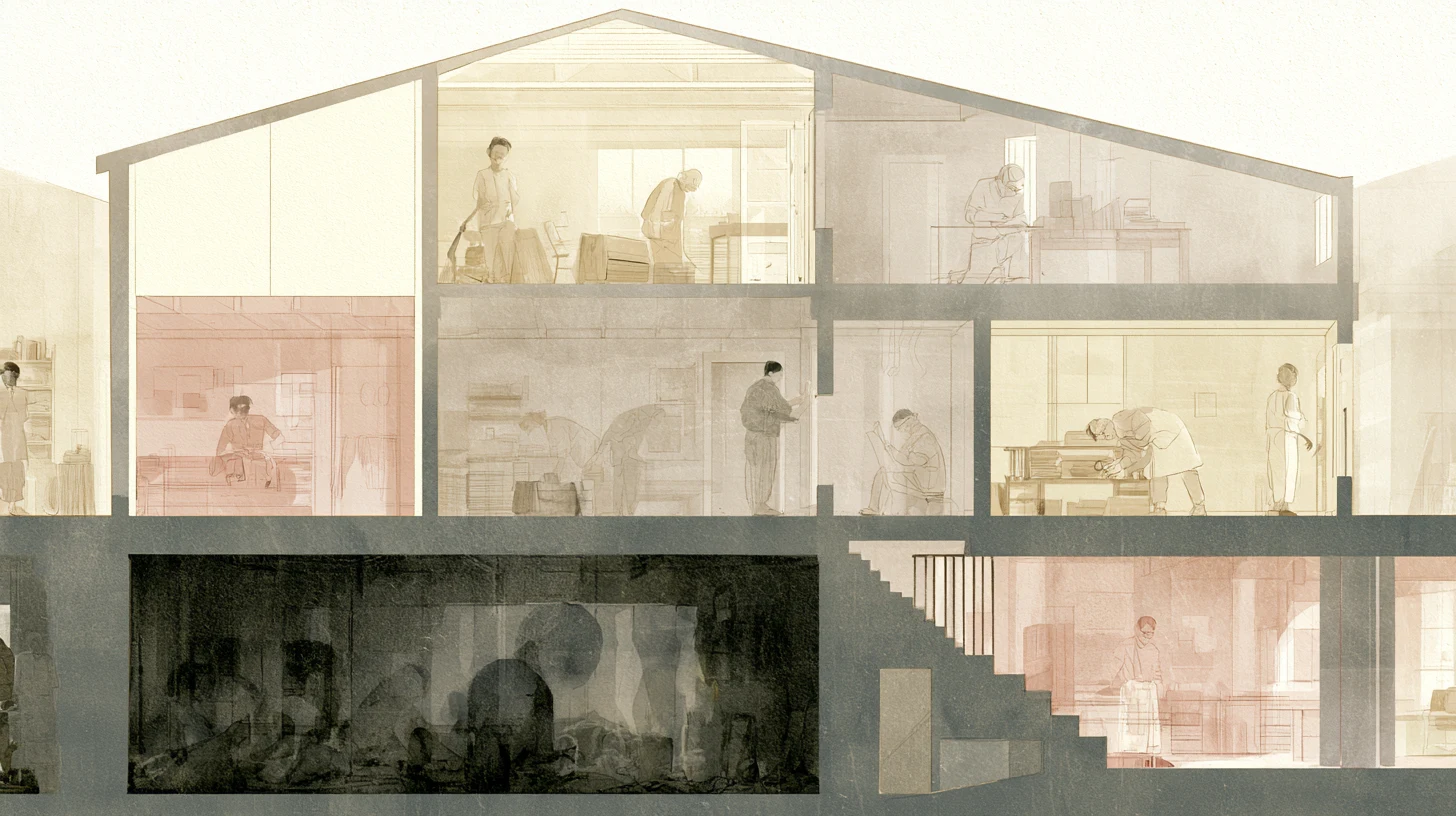 A cutaway communal residence shows people quietly working in lower rooms while dimmer upper rooms and hallways remain faintly visible behind them.