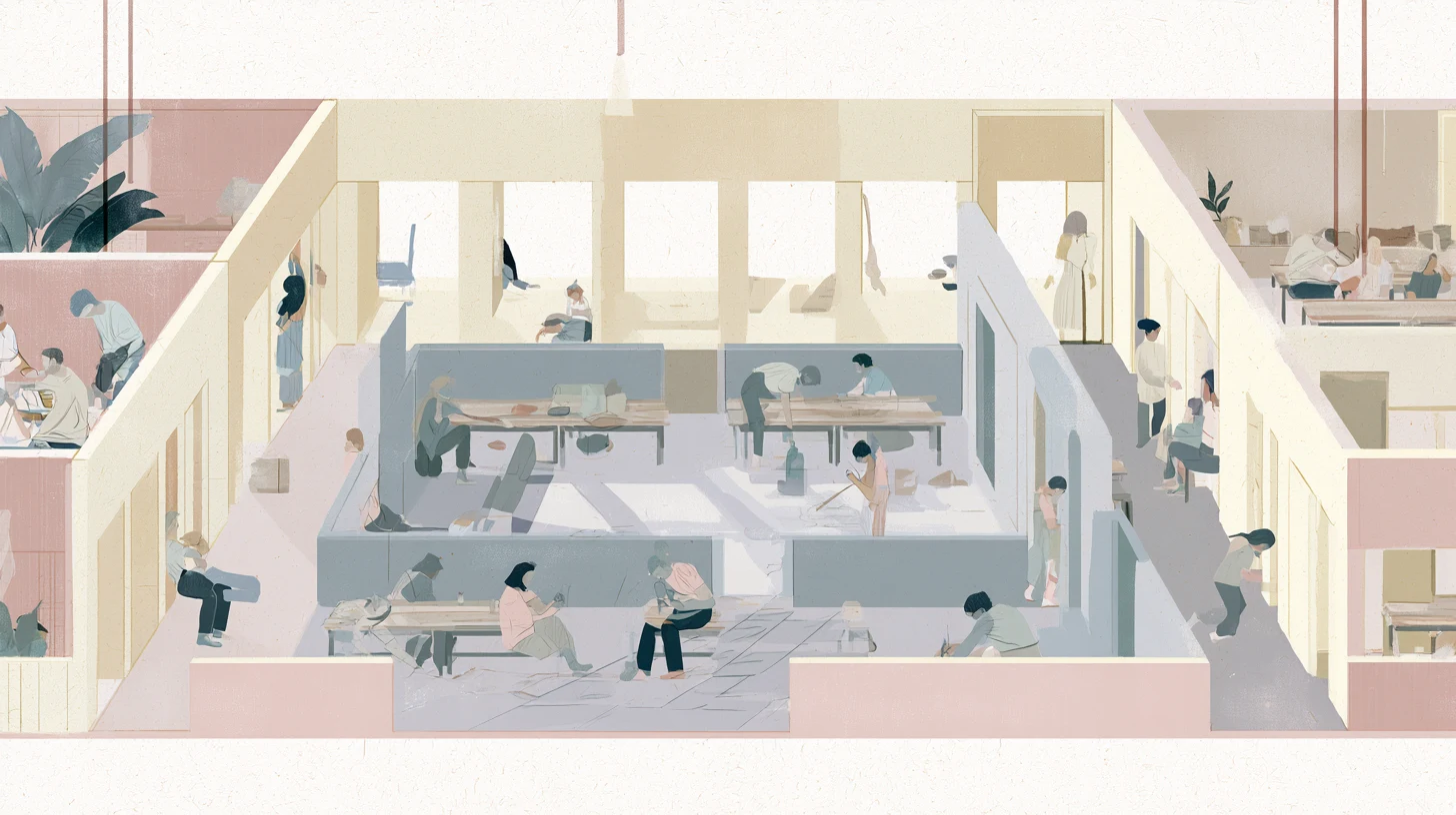 A wide pastel communal residence with low walls, shared tables, stairways, and small figures working, sitting, and moving through softly lit rooms.