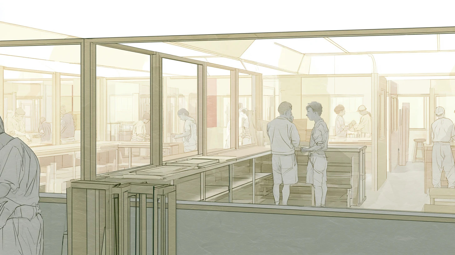 A softly lit communal workshop with glass partitions, long workbenches, and several figures working while two people pause in quiet conversation.