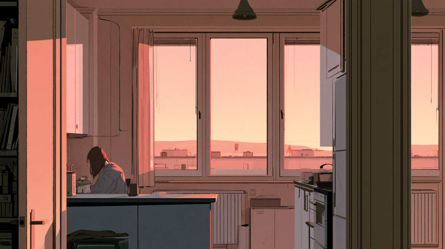 Quiet figure seated alone in a modest apartment kitchen at sunset, partially silhouetted against soft window light in an atmosphere of grounded reflection and emotional steadiness.