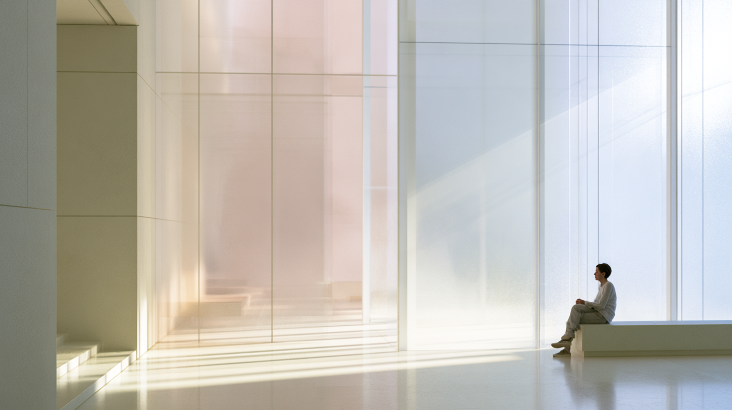 A quiet luminous interior where a solitary figure sits attentively beside large translucent windows as soft daylight, reflections, and shifting shadows move gently across pale architectural surfaces. The atmosphere feels calm, grounded, and consciously present rather than emotionally withdrawn, emphasizing awareness, inner observation, and participation in ordinary reality through stillness and attention. Muted cream, pale stone, faded rose, soft gray, desaturated olive, and warm beige palette. Matte textures, atmospheric softness, subtle grain, restrained editorial realism, minimal composition.