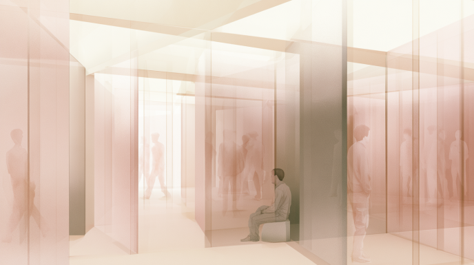 A seated figure inside a softly illuminated architectural corridor of translucent glass partitions and partially visible people, symbolizing the quiet acceptance that human beings can share space and connection without ever fully accessing one another’s internal worlds.