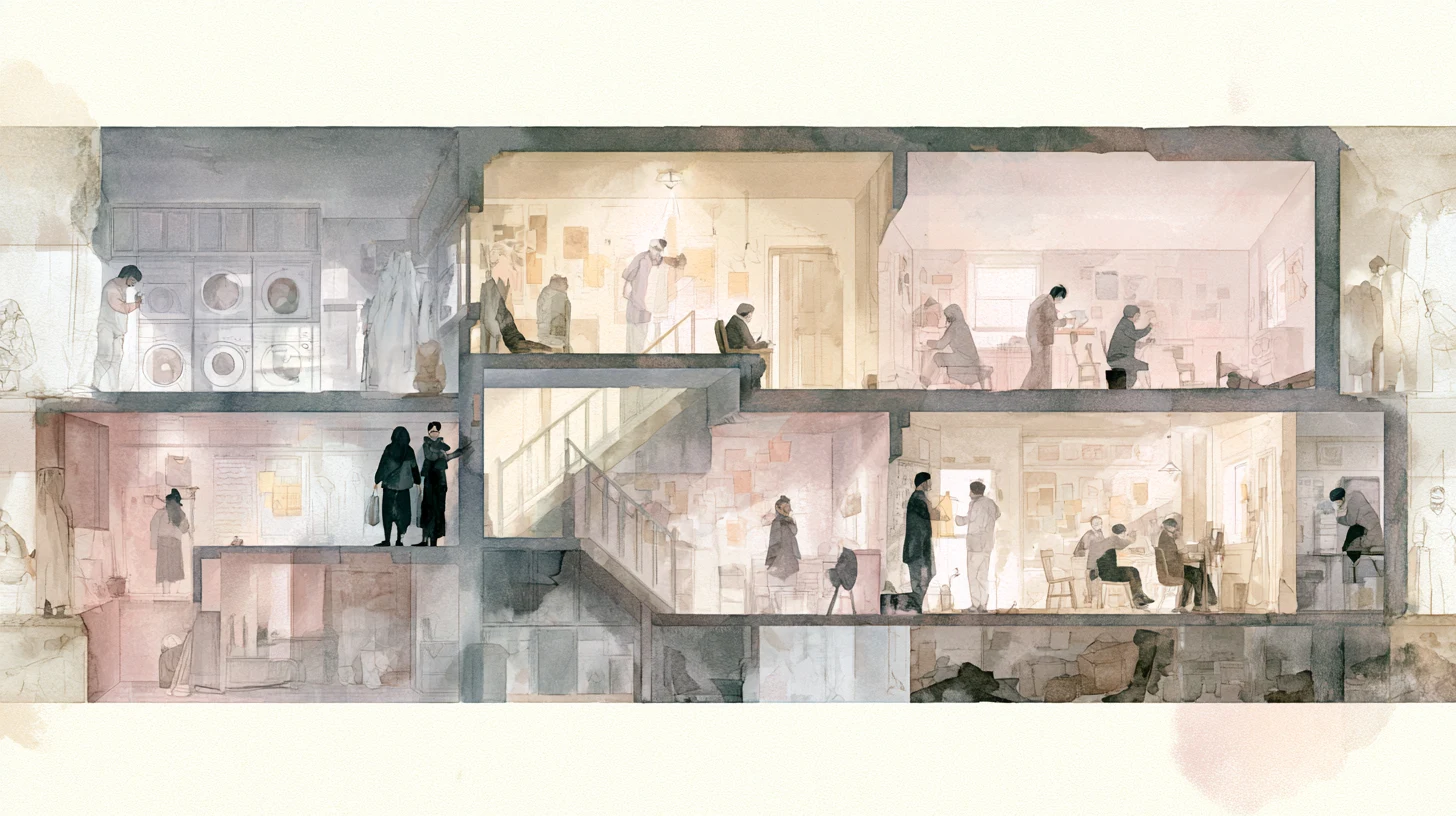 An isometric communal residence with connected rooms, corridors, and small figures moving, sitting, and working in softly lit shared spaces.