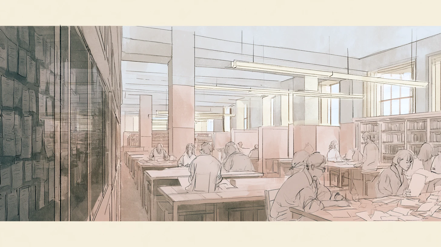 A softly lit library reading room with shared tables, pale partitions, seated figures, and a darker reflective wall along one side.