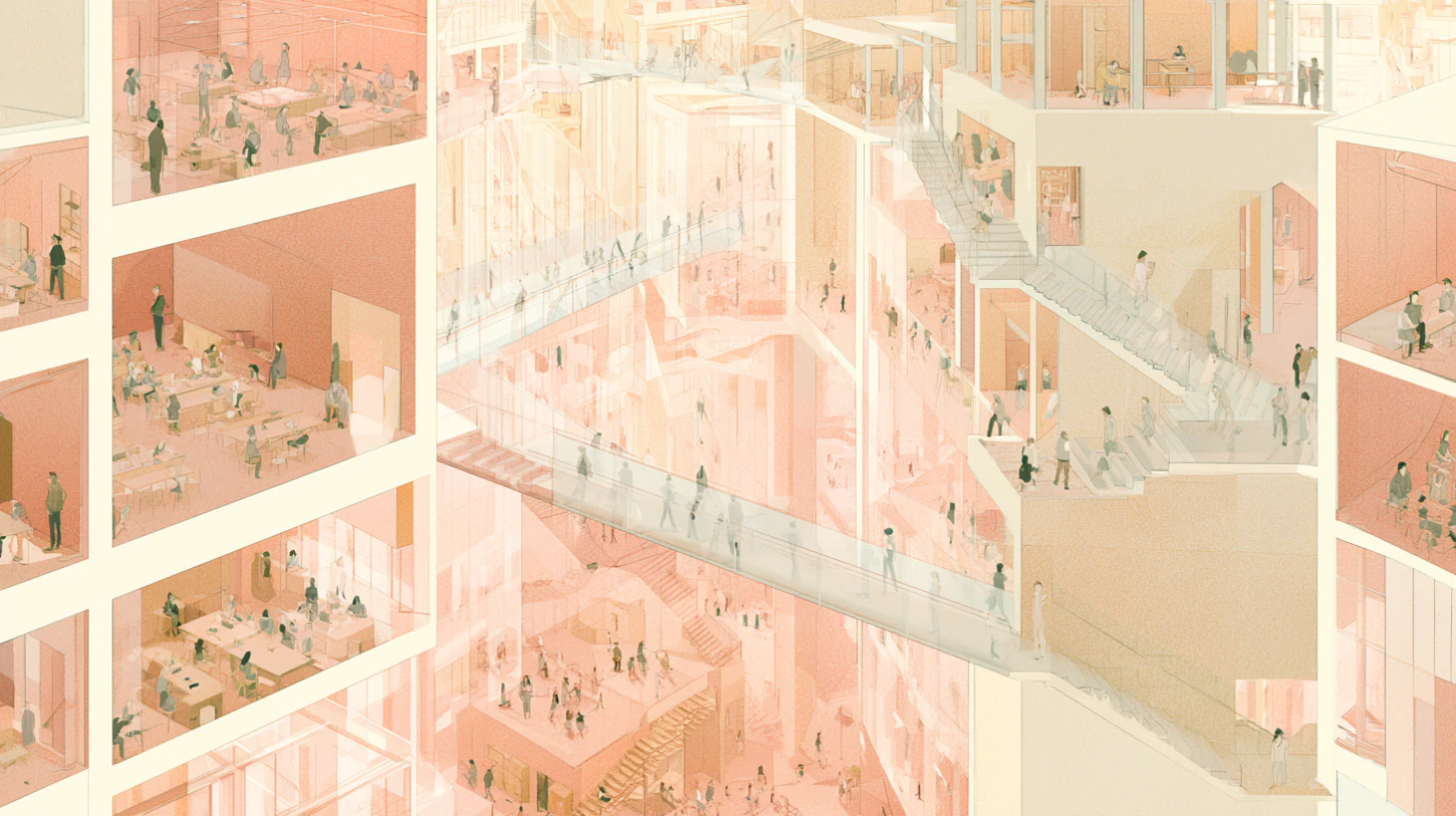 An interconnected architectural environment of bridges, communal rooms, stairways, and softly illuminated gathering spaces filled with people moving, speaking, listening, and participating together, symbolizing growth strengthened through contribution and shared participation.